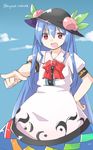  :d akagashi_hagane blue_hair blue_sky bow cloud day dress food fruit hand_on_hip hat highres hinanawi_tenshi leaf long_hair open_mouth peach pointing puffy_short_sleeves puffy_sleeves red_bow red_eyes short_sleeves sky smile solo touhou twitter_username v-shaped_eyebrows very_long_hair 