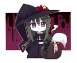  :&lt; akemi_homura black_hair cauldron chibi fc_(efushii) flower hat kyubey long_hair looking_at_viewer mahou_shoujo_madoka_magica purple_eyes simple_background solo spider_lily white_background witch witch_hat 