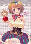  1girl blush brown_hair crossover fairy_tales female food happy hazumi_rio highres jewelry koizumi_hanayo looking_at_viewer love_live!_school_idol_project purple_eyes short_hair skirt solo 