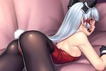  ass bare_shoulders black_gloves black_legwear blush breasts brown_eyes bunny_girl bunny_tail bunnysuit detached_collar gloves h_kasei hair_ribbon headgear kantai_collection long_hair murakumo_(kantai_collection) open_mouth pantyhose ribbon silver_hair small_breasts solo tail 