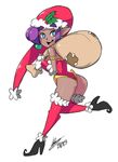  ass bad_id bad_tumblr_id bigdead93 blue_eyes christmas dark_skin earrings full_body hat highres jewelry leotard long_hair open_mouth pointy_ears pointy_shoes purple_hair red_eyes red_leotard running sack santa_costume santa_hat shantae_(character) shantae_(series) shoes smile solo thighhighs 