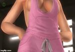  1girl 3d alternate_costume animated animated_gif ayane_(doa) bouncing_breasts breasts cleavage dead_or_alive dead_or_alive_5 large_breasts leaning_forward naked_overalls no_bra purple_hair red_eyes sideboob tagme tecmo 