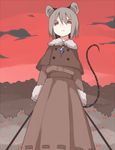  akagashi_hagane alternate_costume animal animal_ears brown_dress cloud dowsing_rod dress empty_eyes expressionless fur_trim grey_hair holding jewelry long_sleeves mouse mouse_ears mouse_tail nazrin pendant red_eyes red_sky short_hair sky solo tail touhou winter_clothes 