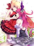  ahoge blonde_hair dress elizabeth_bathory_(fate) elizabeth_bathory_(fate)_(all) epaulettes fate/extra fate/extra_ccc fate_(series) green_eyes long_hair modern_costume_of_crimson multiple_girls nero_claudius_(fate) nero_claudius_(fate)_(all) pink_hair pointy_ears red_dress rojiura_satsuki:_chapter_heroine_sanctuary yude yuri 