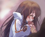  1girl blush brown_hair censored cum fellatio hakka_(nikiniki507) handjob hetero long_hair oral overflow penis saliva sekaiju_no_meikyuu sekaiju_no_meikyuu_3 solo_focus sweat two-handed_handjob yellow_eyes zodiac_(sekaiju) 