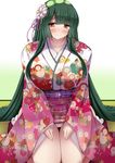  breasts brown_eyes green_hair green_hairband hairband highres japanese_clothes kimono kimono_pull large_breasts long_hair looking_at_viewer panties smile solo thighs touhoku_zunko underwear very_long_hair vocaloid voiceroid yuzumiya_mono 