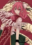  aaaabo absurdres bandages bun_cover chinese_clothes cuffs double_bun dragon eastern_dragon flower highres ibaraki_kasen pink_eyes pink_hair rose short_hair skirt solo tabard touhou 