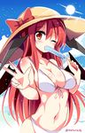  artist_name bat_wings bikini blue_sky blush breasts cleavage day eating food hat hat_ribbon head_wings koakuma large_breasts long_hair looking_at_viewer maturiuta_sorato midriff navel one_eye_closed popsicle red_eyes red_hair ribbon sky smile solo sun swimsuit touhou twitter_username v wings 