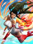  bare_shoulders black_hair breasts circlet cleavage crown feathers fire flying gloves hair_ribbon highres large_breasts lips long_hair looking_at_viewer narongchai_singhapand red_eyes ribbon signature sky solo 