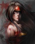  1girl amazon black_hair blood blue_eyes dc_comics long_hair parted_lips solo star strapless tiara wonder_woman wonder_woman_(series) 