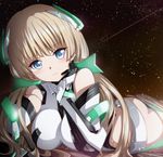  angela_balzac ass bad_id bad_pixiv_id bangs bare_shoulders black_gloves blonde_hair blush breasts chin_rest cowboy_shot elbow_gloves from_side gloves glowing green_eyes hair_ornament hair_spread_out halterneck hand_on_own_cheek hand_on_own_face head_tilt headgear highleg highleg_leotard impossible_clothes impossible_leotard jet_yowatari large_breasts leotard light_smile long_hair looking_at_viewer low_twintails lying neon_trim on_stomach rakuen_tsuihou sky smile solo star_(sky) starry_sky turtleneck twintails 