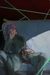  akumey blood borrowed_garments couch gakuran hat hat_removed headwear_removed highres holding holding_hat jojo_no_kimyou_na_bouken kakyouin_noriaki male_focus red_hair school_uniform solo 