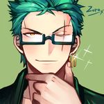  1boy character_name earrings glasses green_background green_hair jewelry one-eyed one_piece roronoa_zoro sanme scar simple_background solo yellow_eyes 