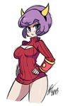  armband bad_id bad_tumblr_id bigdead93 blush breasts cleavage cleavage_cutout contrapposto cropped_legs dress eyebrows fake_horns hairband hands_on_hips highres kagari_(pokemon) medium_breasts meme_attire open-chest_sweater pokemon pokemon_(game) pokemon_oras purple_eyes purple_hair ribbed_sweater short_hair solo standing sweater sweater_dress team_magma thick_eyebrows turtleneck 