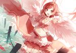  angel_wings asuka_(louyun) asymmetrical_clothes asymmetrical_sleeves belt bracelet hand_in_hair jewelry long_sleeves love_live! love_live!_school_idol_project midriff music_s.t.a.r.t!! navel nishikino_maki open_mouth petals puffy_short_sleeves puffy_sleeves red_eyes red_hair ribbon shirt short_sleeves skirt smile solo tiara water wings 