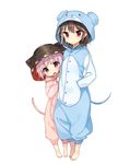  :3 alternate_costume animal_ears bad_id bad_pixiv_id barefoot black_hair blush bowl fake_animal_ears fake_tail full_body hands_in_pockets highres hood kijin_seija lavender_hair long_sleeves looking_at_viewer multicolored_hair multiple_girls object_on_head open_mouth pajamas pink_eyes pink_hair red_eyes red_hair shinoba short_hair simple_background sukuna_shinmyoumaru tail touhou white_background white_hair 
