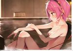  absurdres bath bathing bathtub breasts bucket collarbone from_side hairband hand_on_own_arm heart highres ke-ta knee_up komeiji_satori nipples nude outstretched_arm partially_submerged pink_hair profile red_eyes scan short_hair sitting small_breasts solo steam touhou translated water wet wooden_bathtub wooden_bucket 