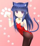  animal_ears bell blue_hair cat_ears cat_tail detached_collar furude_rika gaou higurashi_no_naku_koro_ni jingle_bell kittysuit leotard long_hair pantyhose paw_pose paw_print pink_background purple_eyes smile solo tail wrist_cuffs 