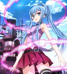  aoki_hagane_no_arpeggio armpits bangs bare_shoulders belt black_legwear blue_eyes blue_hair cloud day glowing hair_between_eyes hair_rings halterneck high_ponytail light_smile lipstick long_hair looking_at_viewer makeup mole mole_under_mouth navel neck_ribbon nyoro_(nyoronyoro000) outdoors parted_bangs pleated_skirt ponytail ribbon ship sidelocks skirt sky smile solo sparkle standing swept_bangs takao_(aoki_hagane_no_arpeggio) thighhighs turtleneck watercraft 