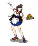  1girl brown_hair character_request dancing employee_uniform fast_food_uniform food hamburger idolmaster idolmaster_cinderella_girls long_hair mebachiko02 rollerskates short_skirt solo tagme uniform 