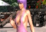  1girl 3d alternate_costume animated animated_gif ayane_(doa) bouncing_breasts breasts cleavage dead_or_alive dead_or_alive_5 large_breasts naked_overalls no_bra purple_hair red_eyes sideboob tagme tecmo 