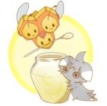  bad_pixiv_id combee espurr gen_4_pokemon gen_6_pokemon honeypot mouth_hold no_humans pokemon pokemon_(creature) purple_eyes ranyui_(yupipipi) smile spoon 