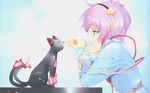  animal cat eyeball fire hairband heart highres kaenbyou_rin kaenbyou_rin_(cat) komeiji_satori long_sleeves looking_at_another multiple_tails pink_eyes pink_hair profile scan shirt short_hair simple_background string table tail tail-tip_fire third_eye touhou ueda_ryou wide_sleeves 