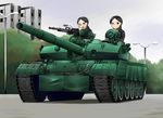  black_eyes black_hair braid building caterpillar_tracks dead_people ground_vehicle gun lamppost machine_gun military military_uniform military_vehicle motor_vehicle multiple_girls north_korea open_mouth original pokpung-ho ponytail revision road soldier street tank uniform weapon 