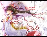  ascot bare_shoulders bow brown_hair comb detached_sleeves dress hair_bow hair_ornament hair_tubes hakurei_reimu hakurei_reimu_(pc-98) heterochromia highres long_hair long_sleeves parasol ponytail red_dress ribbon-trimmed_sleeves ribbon_trim sash shironeko_yuuki solo touhou touhou_(pc-98) umbrella very_long_hair wide_sleeves wind 