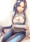  arm_support blue_eyes blue_hair breasts cleavage cleavage_cutout contemporary denim head_tilt holding_arm jeans large_breasts light_smile long_hair long_sleeves looking_at_viewer magi_the_labyrinth_of_magic mak_(kainemaru) meme_attire mole mole_under_mouth open-chest_sweater pants ren_hakuei ribbed_sweater sidelocks simple_background sitting sketch sleeves_past_wrists smile solo sweater turtleneck very_long_hair white_background 