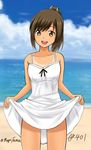  :d alternate_costume blush brown_eyes brown_hair character_name collarbone day dress dress_lift fuuma_nagi highres i-401_(kantai_collection) kantai_collection open_mouth outdoors ponytail smile solo sundress tan tanline twitter_username water white_dress 