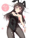  animal_ears black_hair blush bow bowtie breasts bunny_ears bunny_girl bunnysuit choukai_(kantai_collection) cleavage dated detached_collar fishnet_pantyhose fishnets glasses headgear jiino kantai_collection long_hair medium_breasts pantyhose red_eyes rimless_eyewear solo wrist_cuffs 