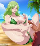  1boy 1girl barefoot beach bikini blush breasts cloud feet footjob green_hair highres large_breasts long_hair monet_(one_piece) nail_polish one_piece penis popsicle pussy sand sitting sky spread_legs swimsuit toes tree uncensored water yellow_eyes 