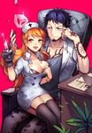  1girl blue_hair bracelet breasts chin_rest cleavage desk doctor facial_hair folder garter_straps goatee heart jewelry labcoat leaning long_hair nami nami_(one_piece) nurse on_lap one_piece orange_hair paperclip sanme single_glove syringe tattoo thighhighs trafalgar_law 