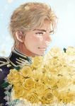  blonde_hair blush bouquet flower from_side ginga_eiyuu_densetsu jobo_(isi88) male_focus rose solo uniform wolfgang_mittermeyer yellow_flower yellow_rose 