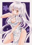  acrylic_paint_(medium) ahoge breasts china_dress chinese_clothes cleavage cleavage_cutout dress floral_print flower large_breasts long_hair looking_at_viewer marker_(medium) no_panties original pom77 ponytail purple_background solo standing standing_on_one_leg traditional_media very_long_hair white_hair yellow_eyes 