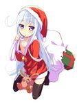  ahoge alternate_costume bell blue_eyes blush box enperaa flat_chest gift gift_box hat hibiki_(kantai_collection) highres kantai_collection long_hair nipples santa_costume santa_hat simple_background solo stuffed_animal stuffed_reindeer stuffed_toy thighhighs white_background 