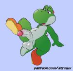  2019 4_fingers anthro atrolux balls belly big_balls blue_eyes clothing erection footwear green_yoshi half-closed_eyes humanoid_penis leaning leaning_back looking_down male mario_bros mostly_nude navel nintendo nude open_mouth patreon penis presenting presenting_penis raised_leg reptile saggy_balls scalie shoes simple_background sitting solo spread_legs spreading thick_thighs uncut url vein veiny_penis video_games yoshi 