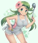  1girl :q aqua_background armpits bangs bare_arms bare_shoulders blush breasts closed_mouth collarbone contrapposto creatures_(company) cutoffs dark_skin flower game_freak green_eyes green_hair hair_flower hair_ornament hand_on_hip holding ladle leaning_forward long_hair looking_at_viewer low_twintails mao_(pokemon) medium_breasts murano nintendo overalls pink_flower pokemon pokemon_(game) pokemon_sm shiny shiny_hair smile solo standing swept_bangs tareme tongue tongue_out twintails 