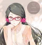  black_hair character_name copyright_name ekao glasses looking_at_viewer pencil red-framed_eyewear red_eyes scrunchie sleeveless solo tokyo_7th_sisters twintails yukuhashi_ei 