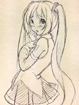  :o artist_request bad_id bad_twitter_id blush detached_sleeves drawing hatsune_miku long_hair long_sleeves looking_at_viewer looking_back monochrome open_mouth pleated_skirt shirt simple_background skirt sleeveless sleeveless_shirt solo twintails upper_body very_long_hair vocaloid 