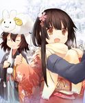  :3 animal_ears brown_eyes brown_hair bunny_ears bunny_hair_ornament closed_eyes eating efe floral_print flower food hair_flower hair_ornament houraisan_kaguya inaba_tewi japanese_clothes kimono long_sleeves mochi mochi_trail multiple_girls new_year nori_(seaweed) open_mouth sash scarf scarf_tying sheep_hat smile touhou wide_sleeves 