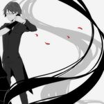  1girl black_bodysuit black_hair bodysuit celty_sturluson closed_eyes durarara!! formal greyscale highres holding_hands kishitani_shinra monochrome petals short_hair solo_focus spot_color suit teario 