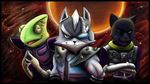  3boys bodysuit elbow_gloves eyepatch furry gloves headset jacket kaphonie leon_powalski miiverse multiple_boys nintendo panther_caroso planet rose scar shoulder_pads signature smile space spikes star star_fox stars wolf_o&#039;donnell wolf_o'donnell 