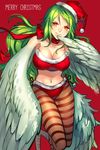  1girl camisole christmas donquixote_pirates green_hair harpy hat merry_christmas monet_(one_piece) monster_girl one_piece patterned_legwear sanme santa_hat striped striped_legwear wings 