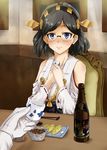  admiral_(kantai_collection) black_hair blue_eyes blush bottle cup detached_sleeves food glasses gloves hairband japanese_clothes kanata_ryou kantai_collection kirishima_(kantai_collection) looking_at_viewer nontraditional_miko pov_across_table semi-rimless_eyewear short_hair smile solo_focus table under-rim_eyewear white_gloves 