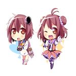  bangs binoculars brown_eyes brown_hair chibi comic double_bun dress enperaa gloves heart kantai_collection microphone multiple_girls naka_(kantai_collection) one_eye_closed open_mouth sailor_dress school_uniform short_hair skirt smile sparkle yukikaze_(kantai_collection) 