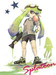  1girl domino_mask female goggles green_hair gum gun ink inkling long_hair mask nintendo pointy_ears purple_eyes shorts splatoon squid tentacle_hair weapon 