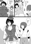  beret bifidus blank_eyes comic commentary exercise fat flying_sweatdrops greyscale hat hyuuga_(kantai_collection) japanese_clothes kantai_collection md5_mismatch military military_uniform monochrome multiple_girls muscle muscular_female short_hair simple_background takao_(kantai_collection) track_suit translated two-tone_background undershirt uniform 