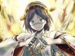  black_hair blue_eyes brass_knuckles detached_sleeves fire glasses hairband highres kantai_collection kirishima_(kantai_collection) nontraditional_miko short_hair sketch smile solo suna_nezumi weapon 
